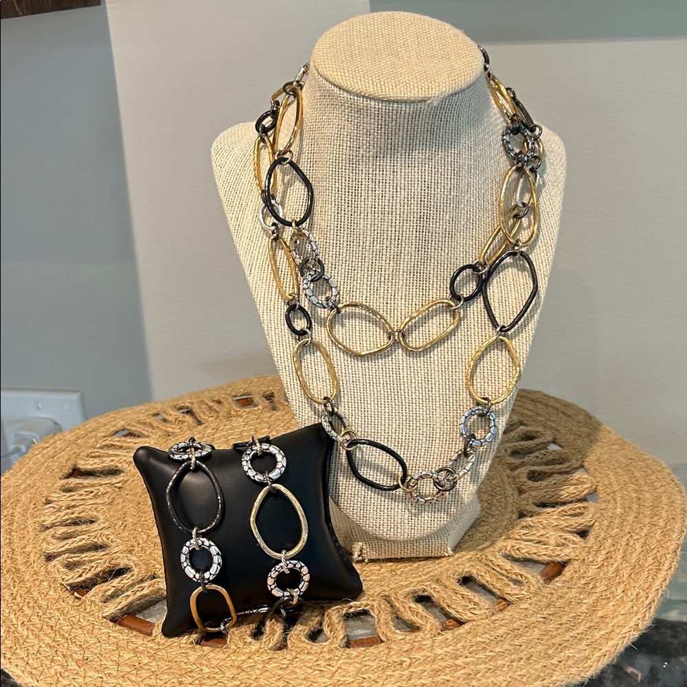 VINTAGE RETIRED BRIGHTON  Gold and Silver Link Necklace and Bracelet Set